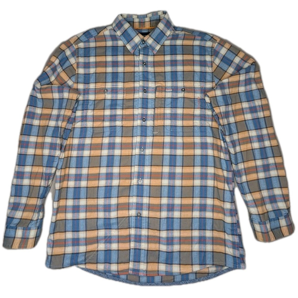 Orvis Performance Shirt Mens Medium Blue Orange White Plaid Active Fit Stretch